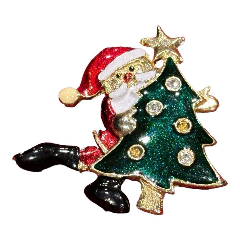 Vintage Santa and tree brooch bag charm necklace jacket adornment backpack pin